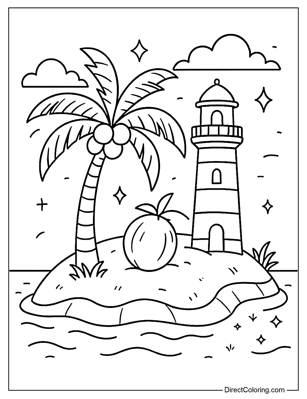 Coloring page of a small island with a coconut tree, a lighthouse and a sparkling beach.